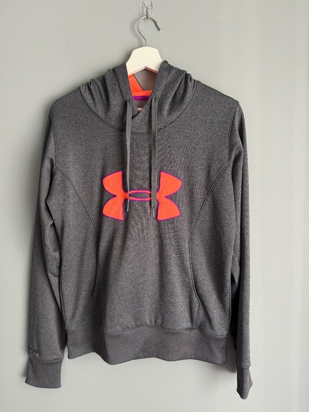 Under Armour Women's S Hoodie Grey Orange ColdGear Big Logo Semi Fitted Athletic
